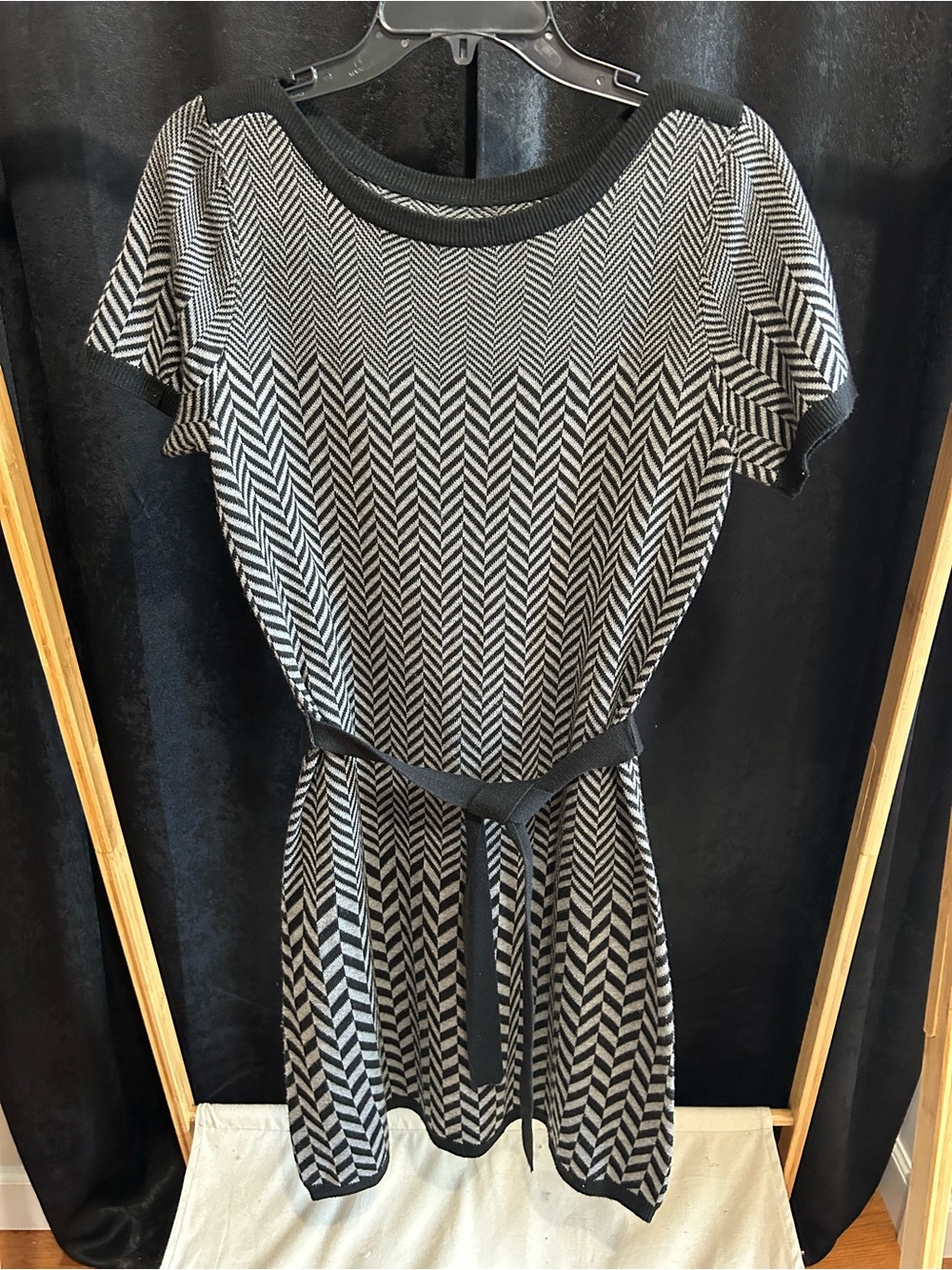 Calvin Klein Black and White Herringbone Knit Belted Dress
